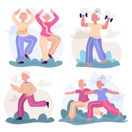 Getekende ouderen in activiteit (Yoga)